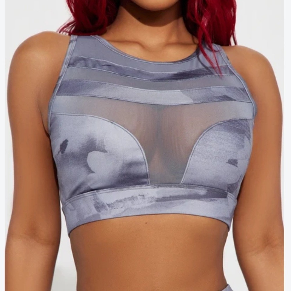 LA Society Gray Marble Mesh Panel High Neck Sports Bra Medium NWT